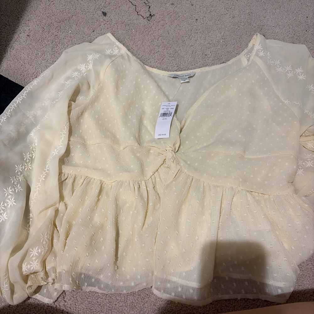American Eagle Outfitters Cream Blouse with Embroidery